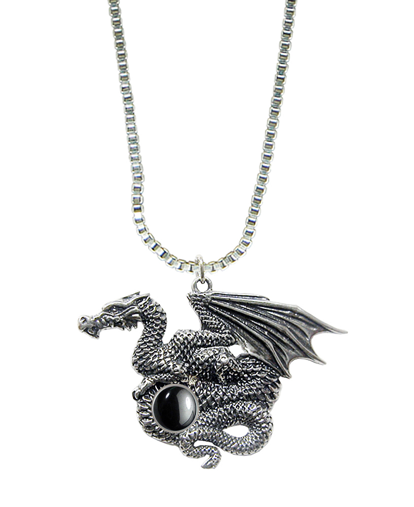 Sterling Silver Dragon of Many Treasures Pendant With Hematite